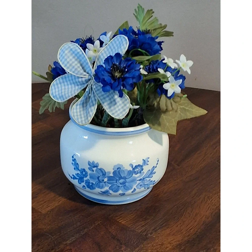 Vintage Blue and White Floral Ceramic Vase with Faux Cornflowers and Butterfly